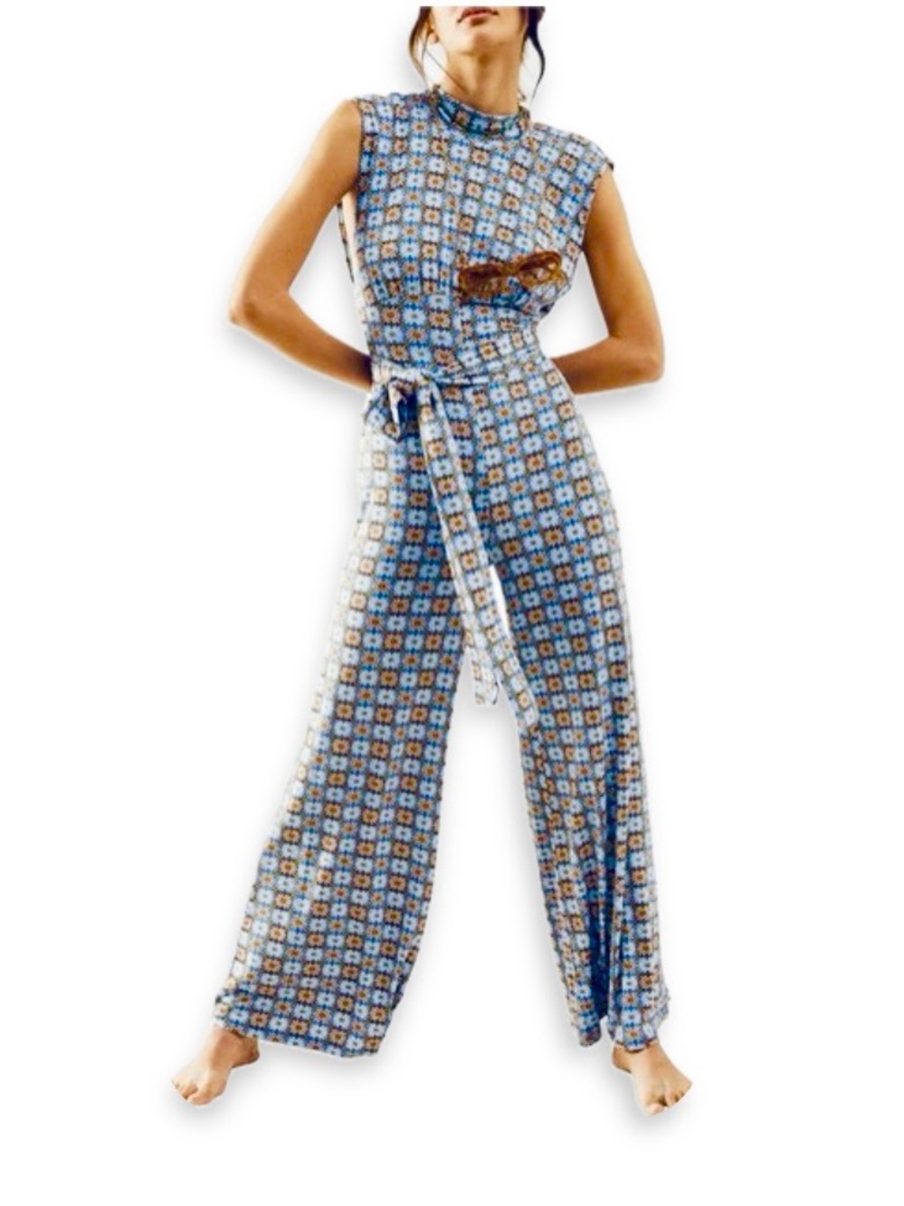 Free People Vibe Check Tie Waist Jumpsuit Blue Combo Size M Open Side Cutouts